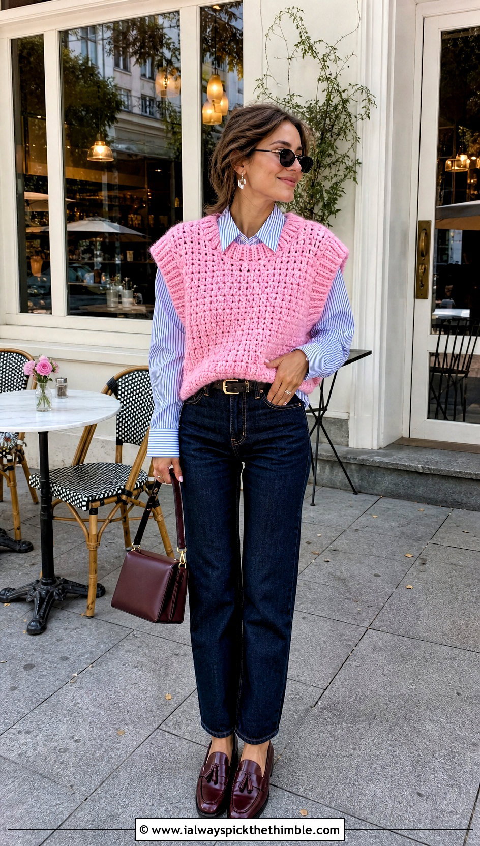 Oversized Boxy Crochet Vest With Striped Shirt - 20 oversize crochet vest outfit ideas