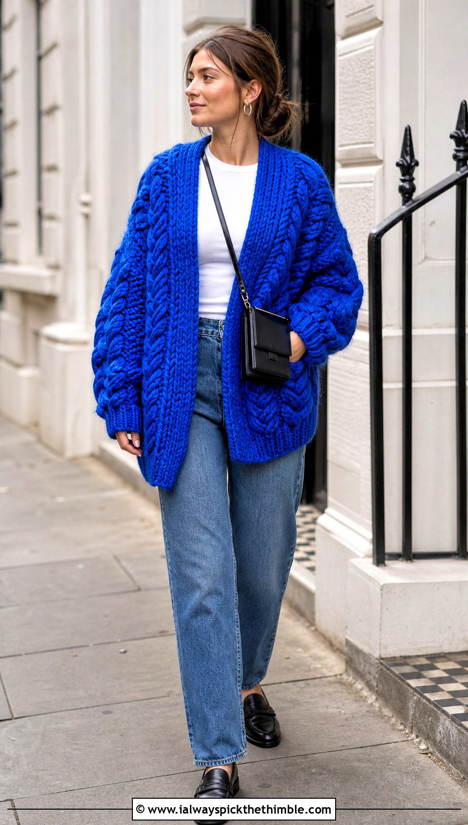 Oversized Braided Cable Cardigan With Straight Leg Jeans - 20 Crochet Cable Cardigan outfit ideas