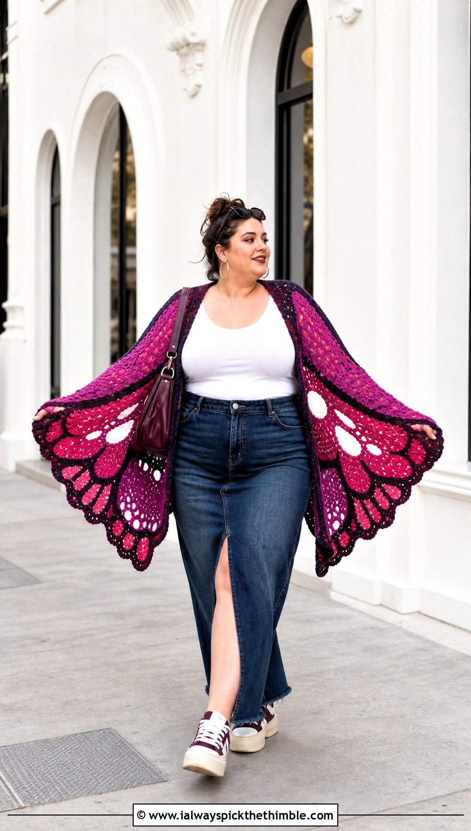 Oversized Butterfly Wing Crochet Cardigan With Maxi Denim Skirt - 25 crochet butterfly cardigan outfit ideas