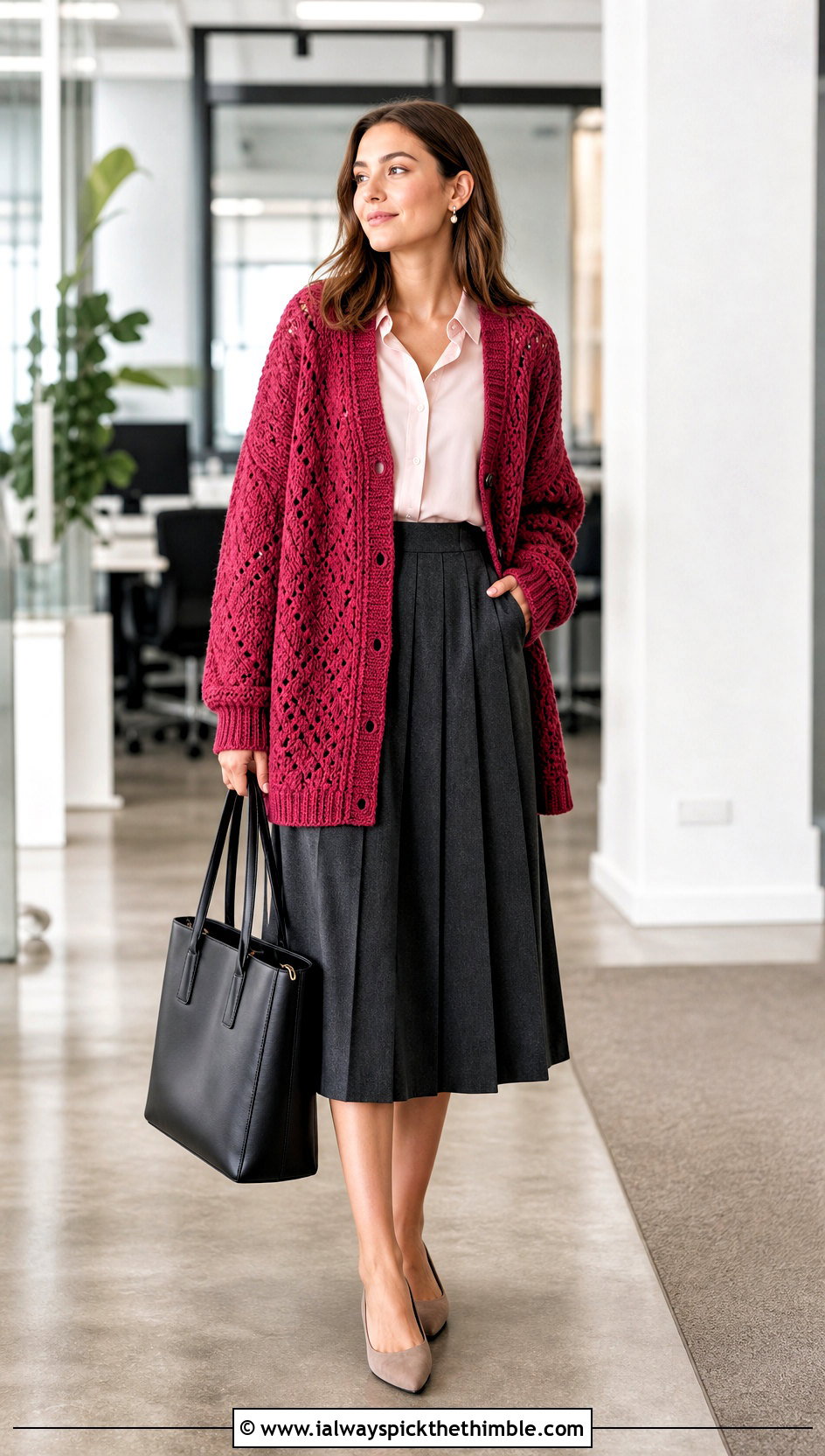 Oversized Button Front Crochet Cardigan With Pleated Midi Skirt - 25 oversized crochet cardigan outfit ideas