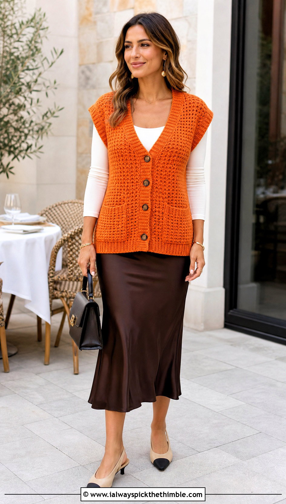 Oversized Button Front Crochet Vest With Satin Midi Skirt - 20 oversize crochet vest outfit ideas