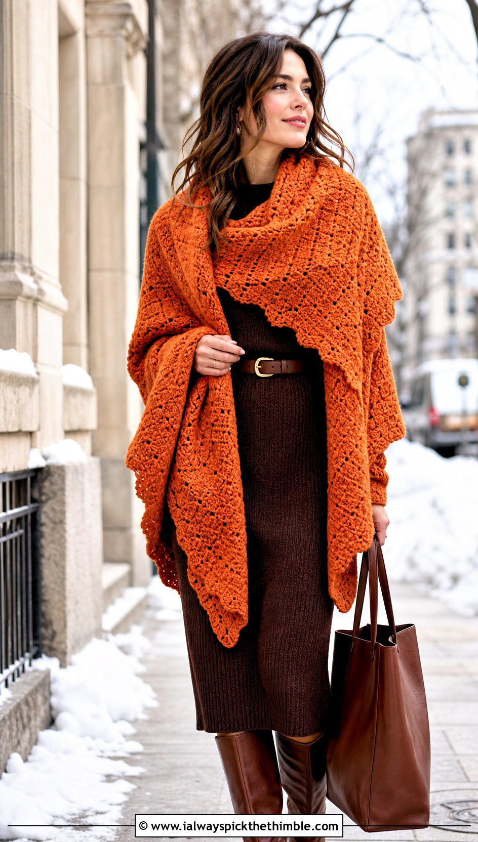 Oversized C2C Blanket Scarf With Sweater Dress And Boots - 25 c2c crochet scarf outfit ideas