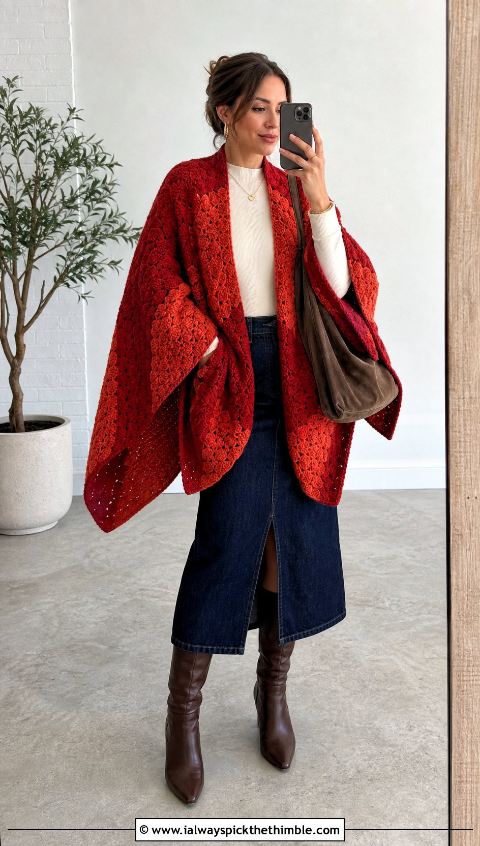 Oversized C2C Poncho With Denim Midi Skirt - 15 Crochet C2C Poncho outfit ideas