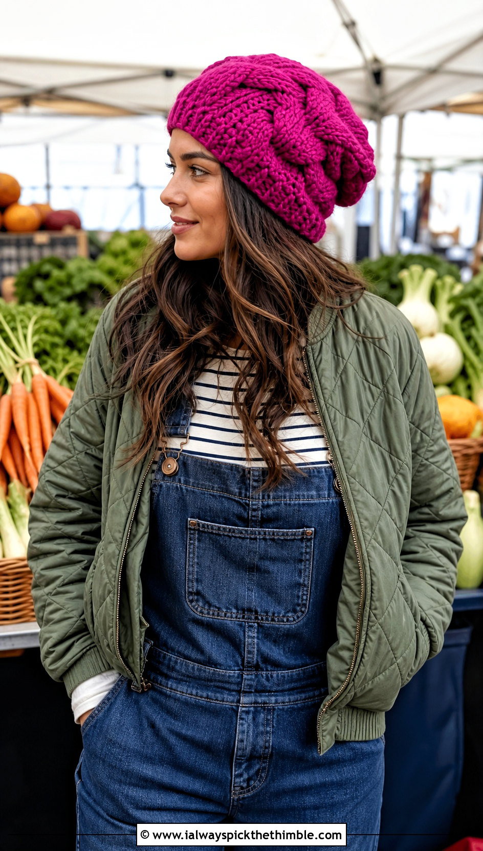 Oversized Cable Crochet Beanie With Overalls - 20 Cable Crochet Hat outfit ideas