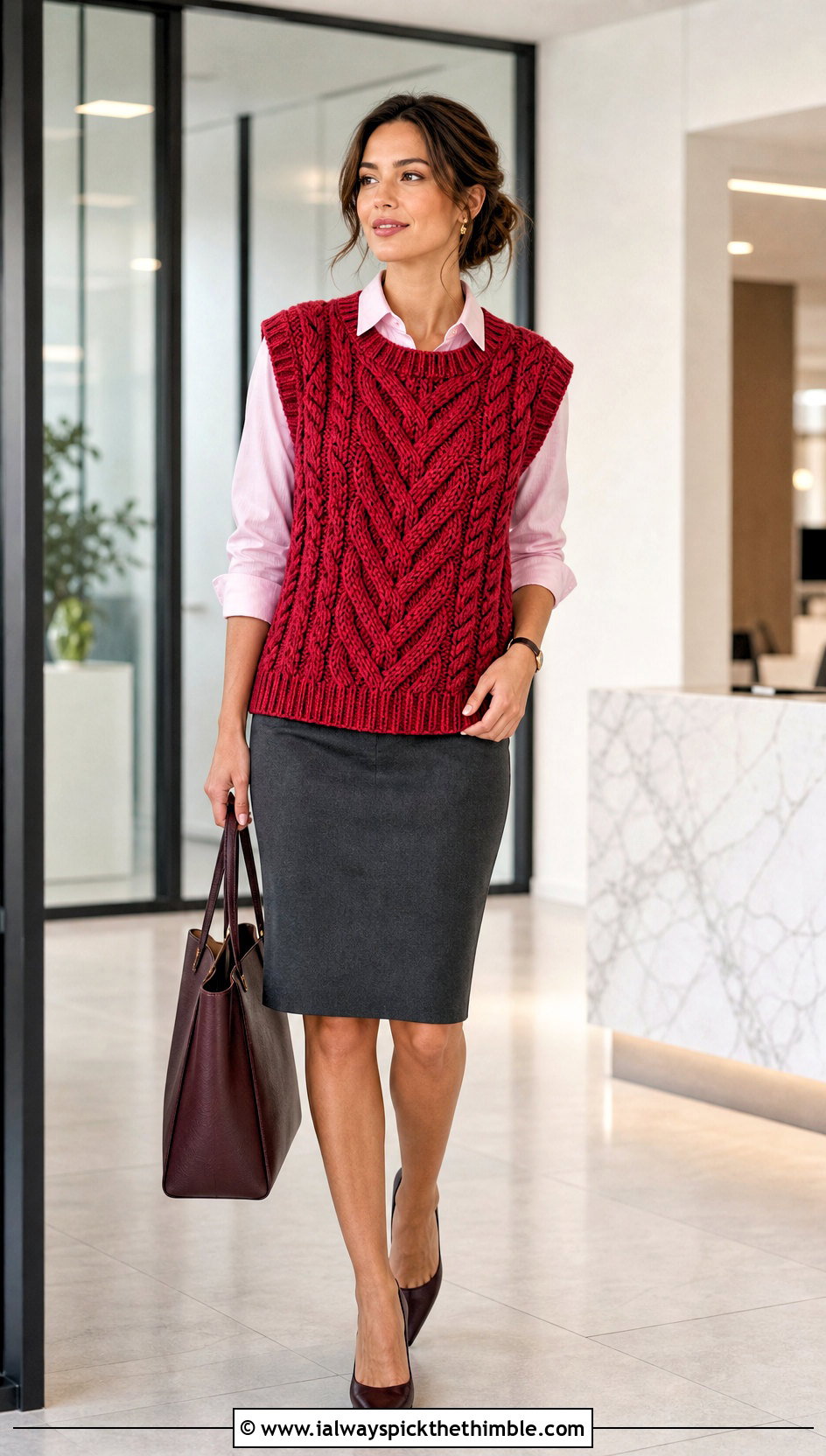 Oversized Cable Crochet Vest With Pencil Skirt - 20 oversize crochet vest outfit ideas