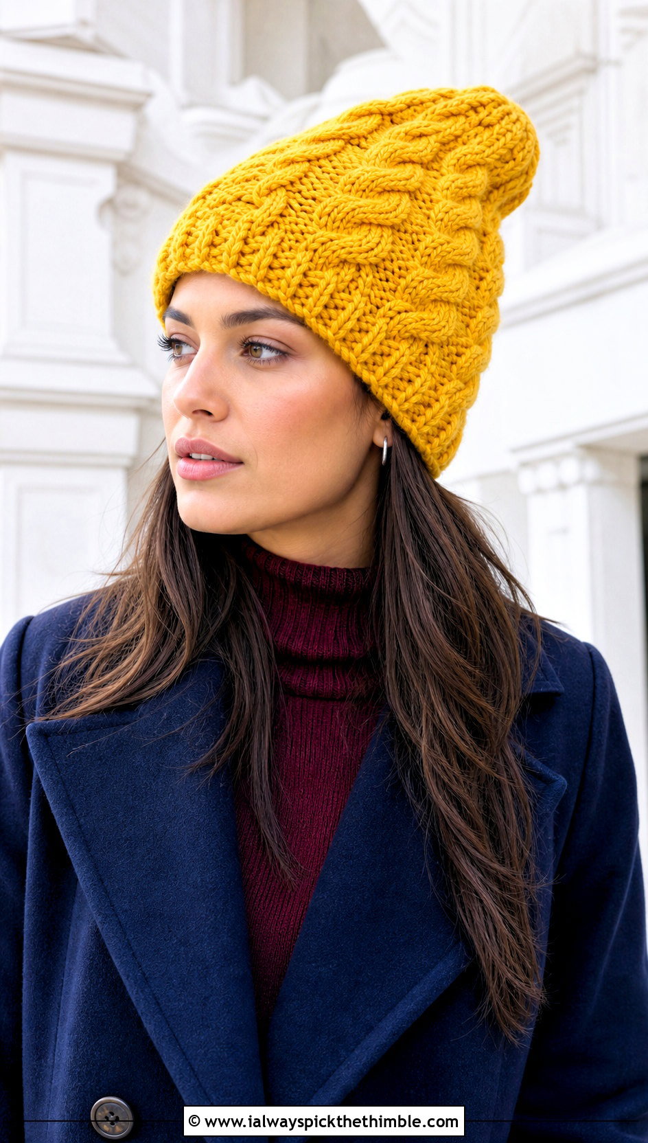 Oversized Cable Texture Crochet Beanie With Peacoat And Skirt - 15 Oversized Crochet Beanie outfit ideas