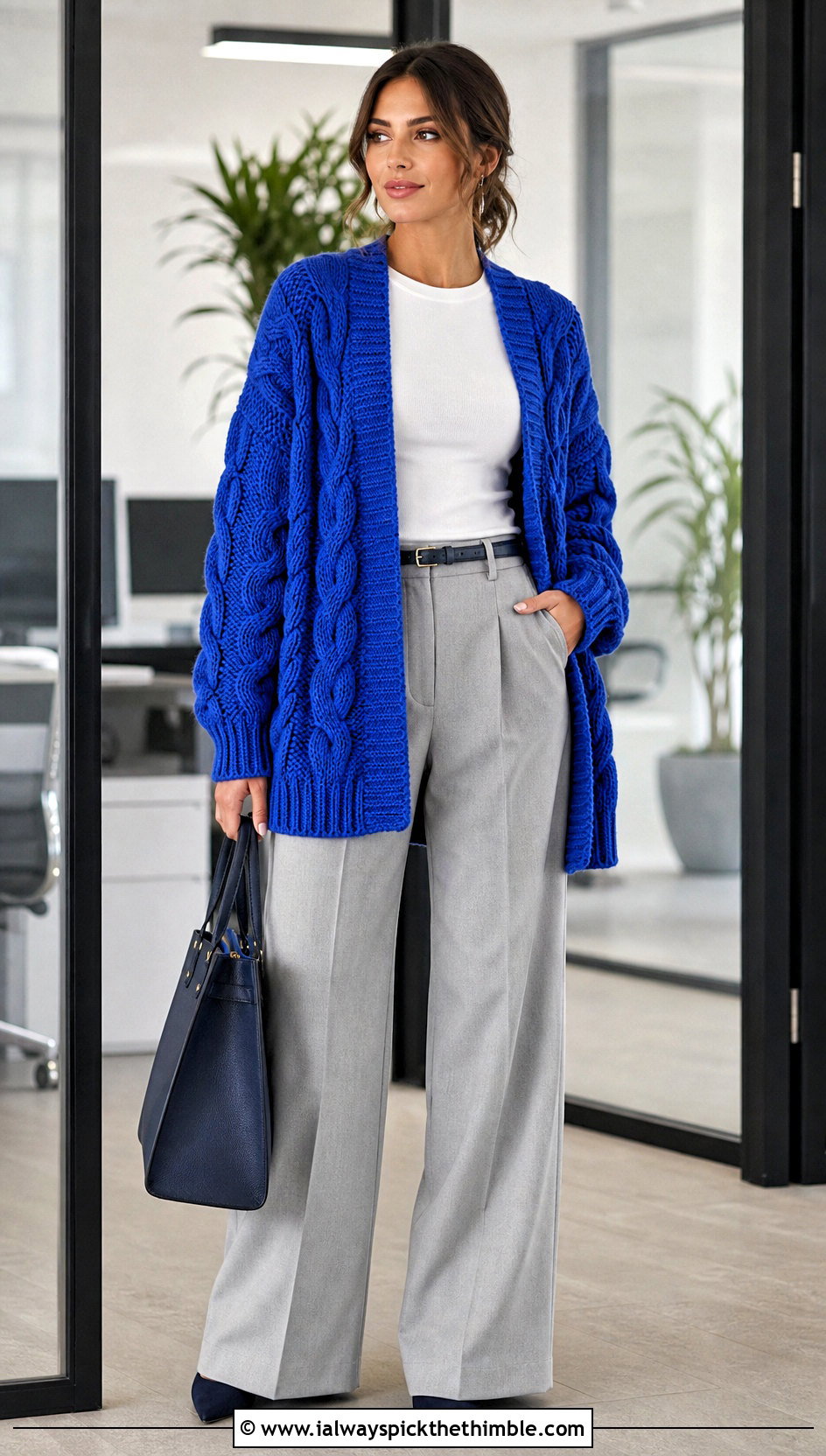 Oversized Cable Textured Crochet Cardigan With Wide Leg Trousers - 20 oversized chunky crochet cardigan outfit ideas