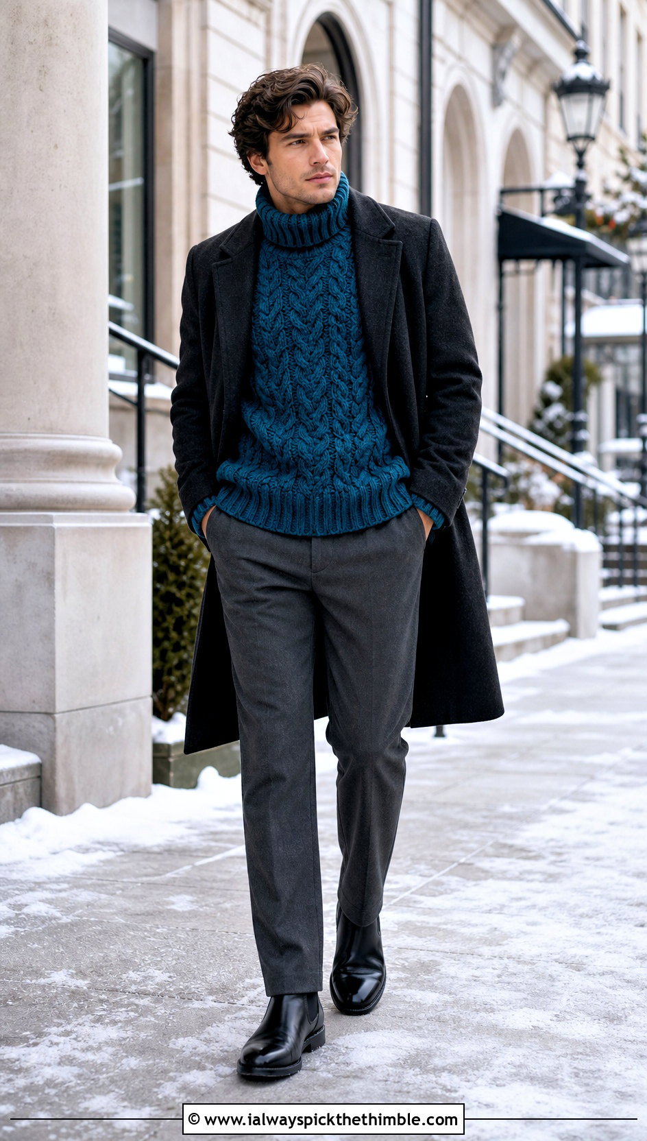 Oversized Cable Turtleneck Sweater With Long Overcoat - 15 Mens Cable Crochet Sweater outfit ideas