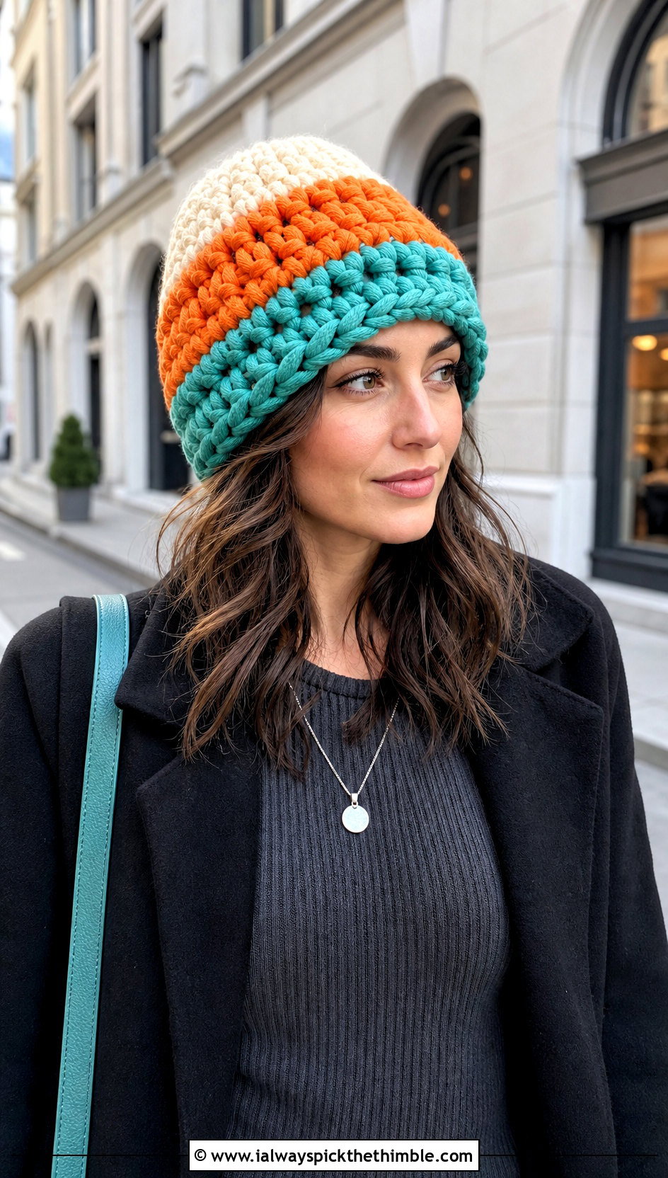 Oversized Candy Corn Crochet Beanie With Knit Dress - 15 candy corn crochet beanie outfit ideas