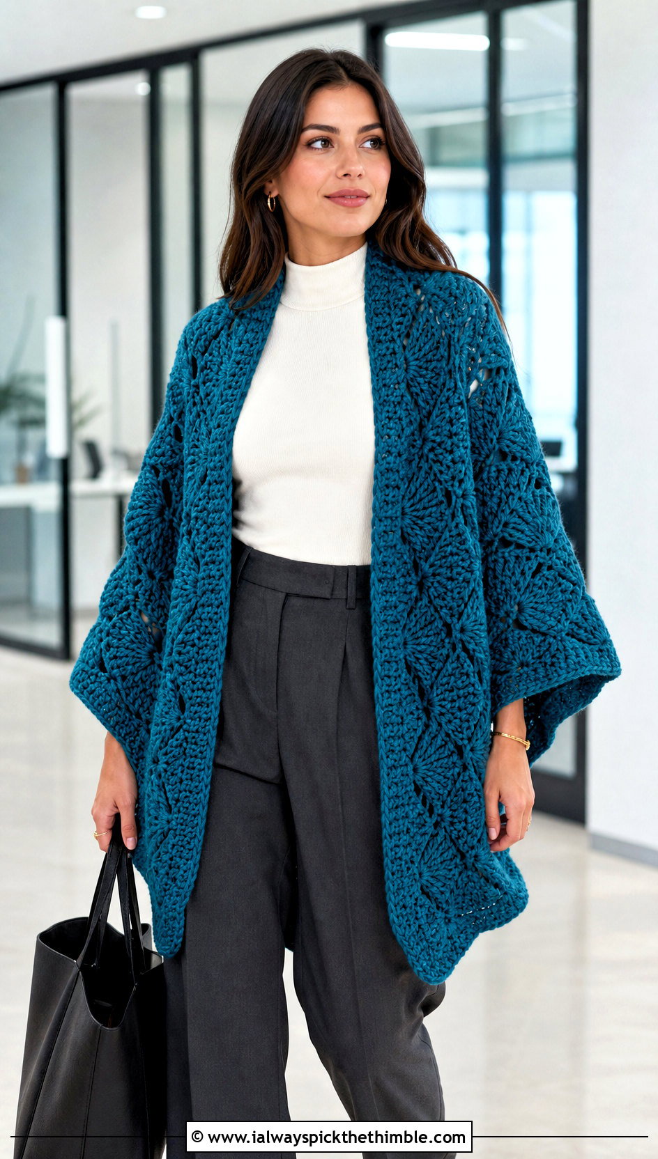 Oversized Cape Virus Shawl With Tailored Trousers - 15 crochet virus shawls outfit ideas