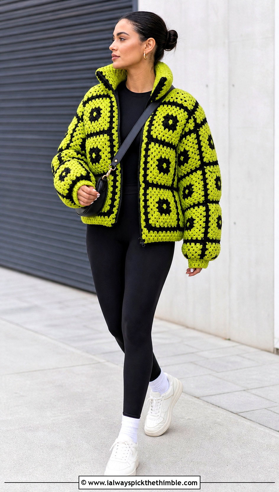 Oversized Checkerboard Granny Square Puffer Jacket With Black Leggings - 15 granny square puffer jacket outfit ideas