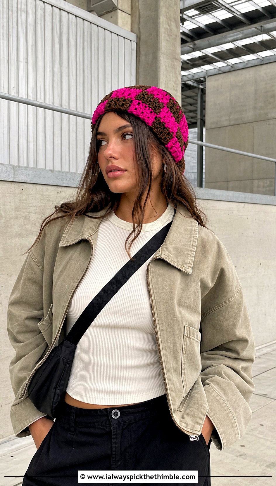 Oversized Checkered Beanie With Cargo Pants - 25 crochet checkered beanie outfit ideas