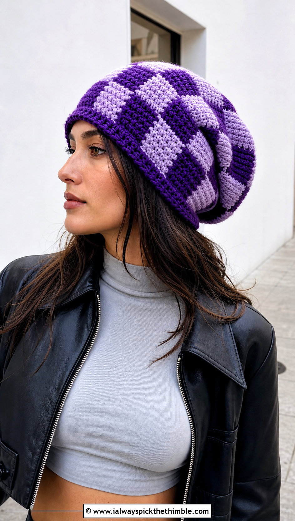 Oversized Checkered Crochet Beanie With Leather Jacket And Trousers - 15 Oversized Crochet Beanie outfit ideas