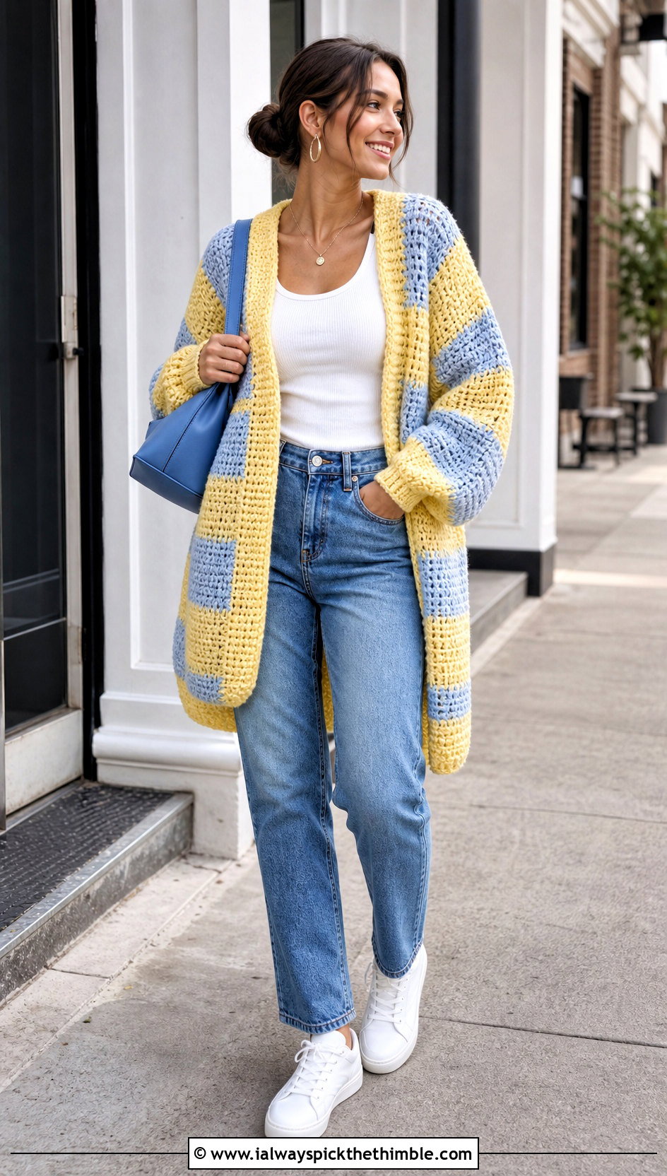 Oversized Checkered Crochet Cardigan With Straight Leg Jeans - 20 Checkered Crochet Cardigan outfit ideas