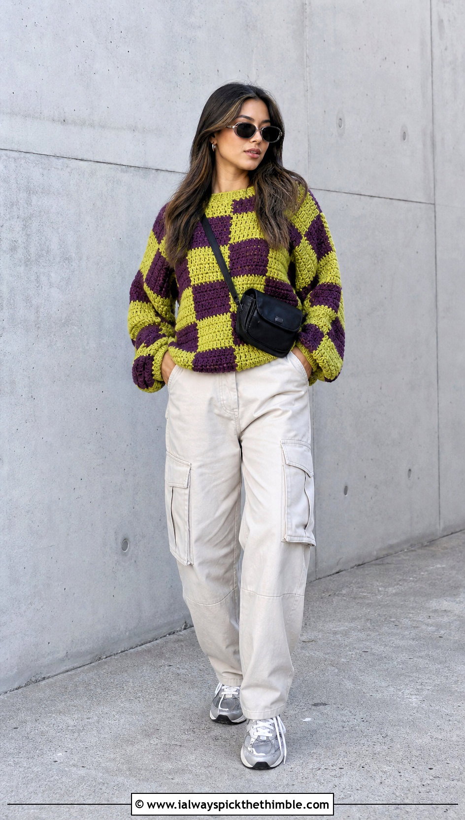 Oversized Checkered Crochet Sweater With Cargo Pants - 20 checkered crochet sweater outfit ideas
