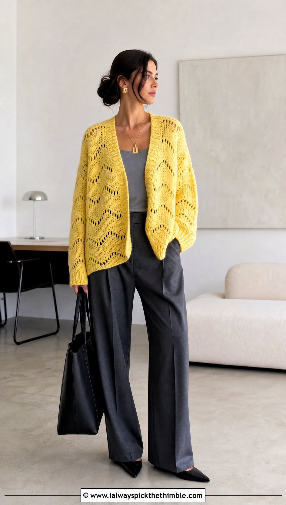 Oversized Chevron Crochet Wave Sweater With Tailored Trousers - 20 crochet wave sweater outfit ideas