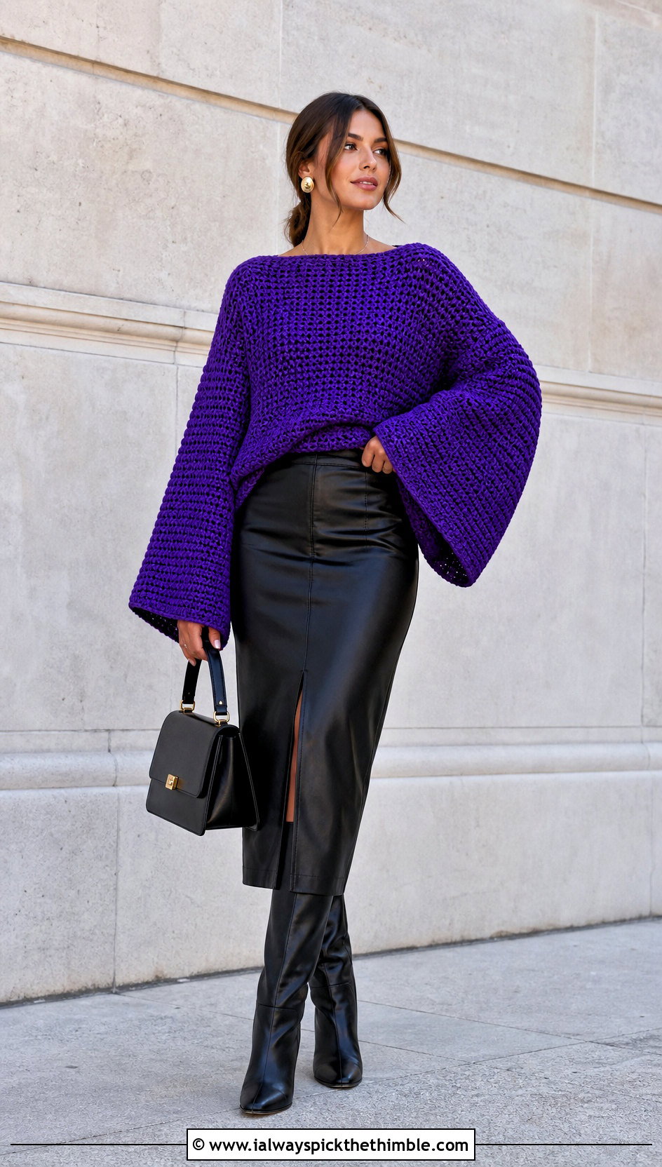 Oversized Chunky Crochet Bell Sleeve Sweater With Leather Midi Skirt - 20 Crochet Sweater With Bell Sleeves outfit ideas