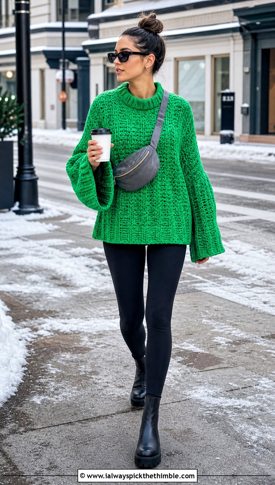 Oversized Chunky Crochet Bell Sleeve Sweater With Leggings - 20 crochet bell sleeve sweater outfit ideas