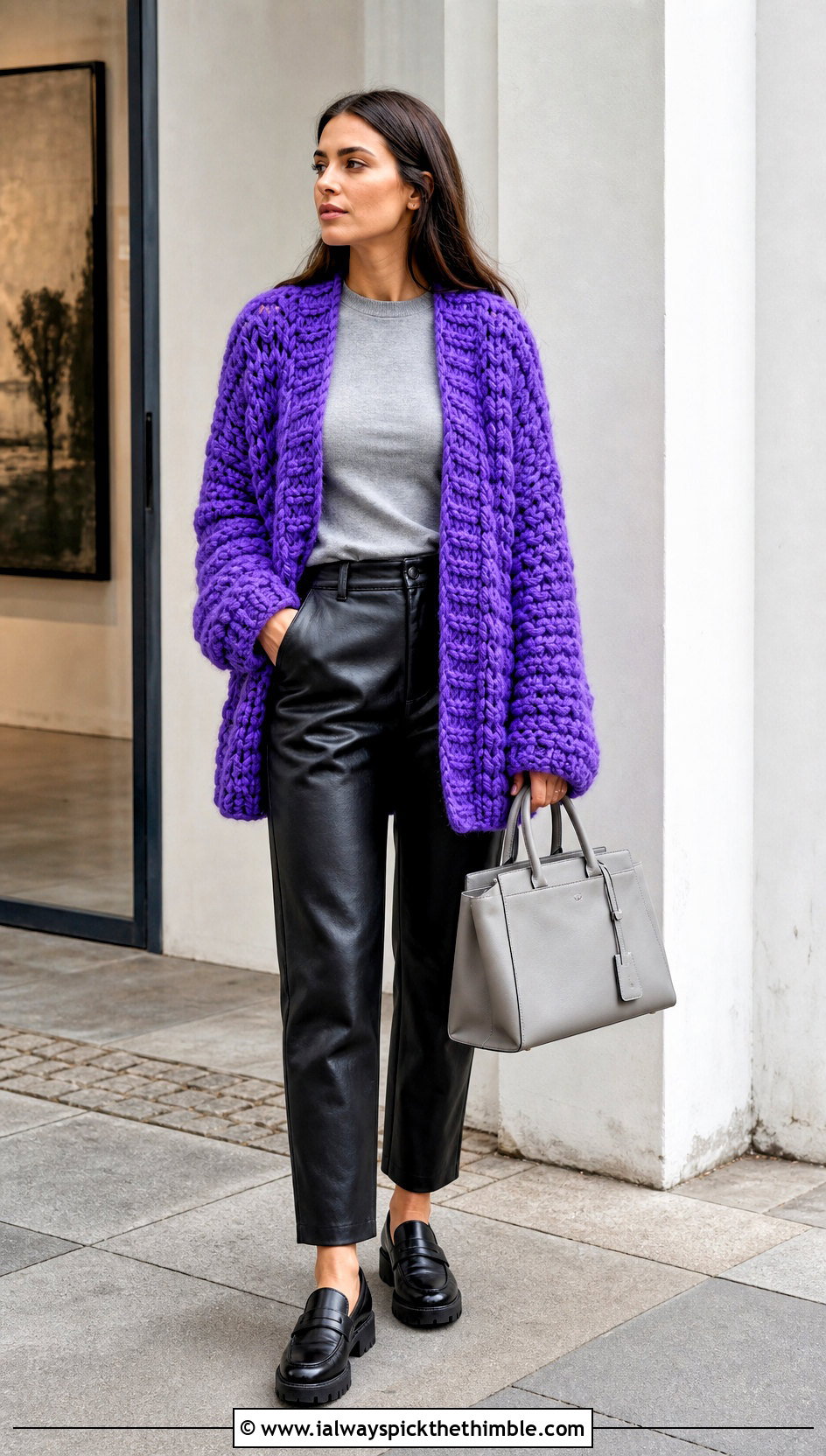 Oversized Chunky Crochet Cardigan With Leather Pants - 15 Easy Crochet Cardigan For Women outfit ideas