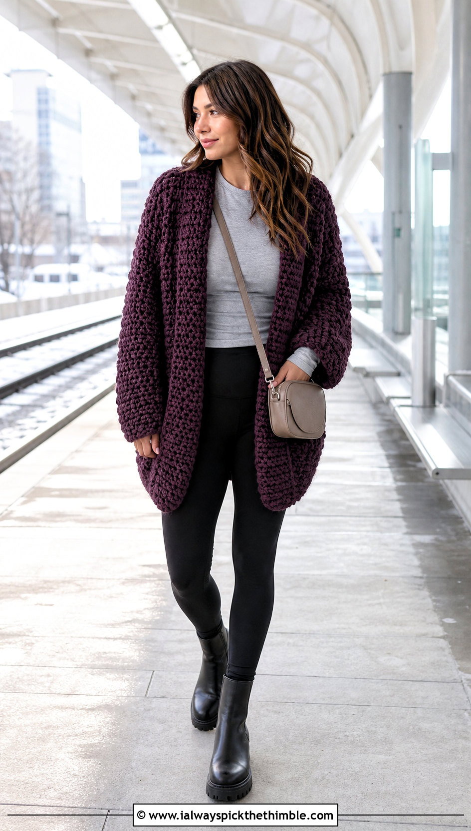 Oversized Chunky Crochet Cardigan With Leggings - 25 ladies crochet cardigan outfit ideas