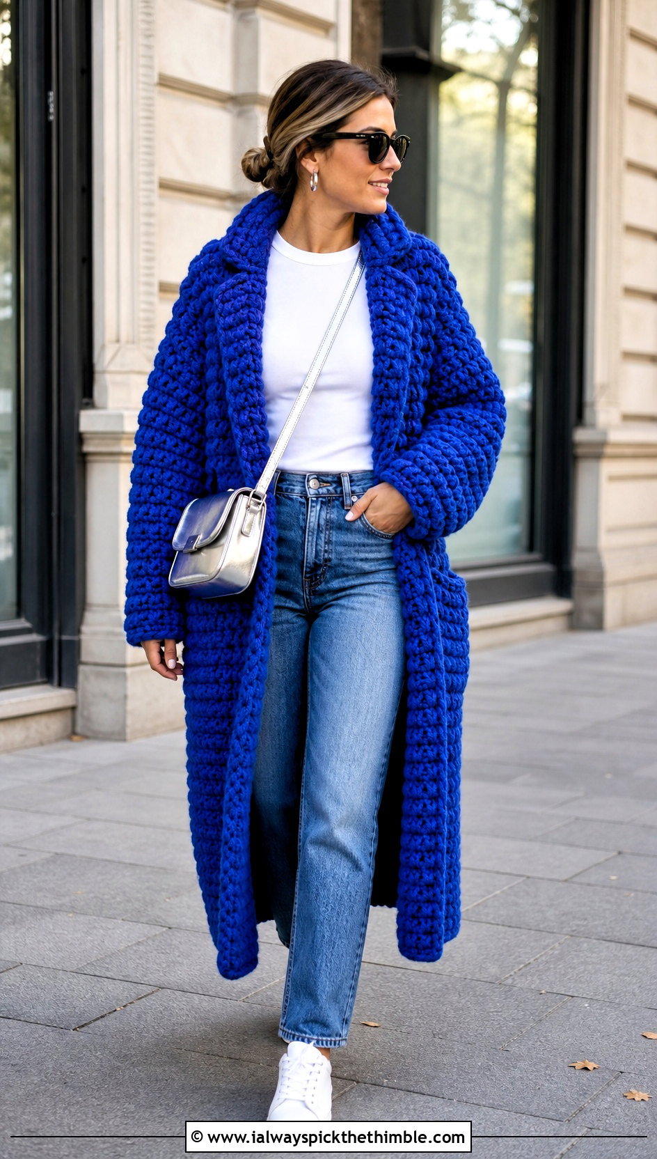 Oversized Chunky Crochet Coat With Straight Leg Jeans - 20 Chunky Crochet Coat outfit ideas