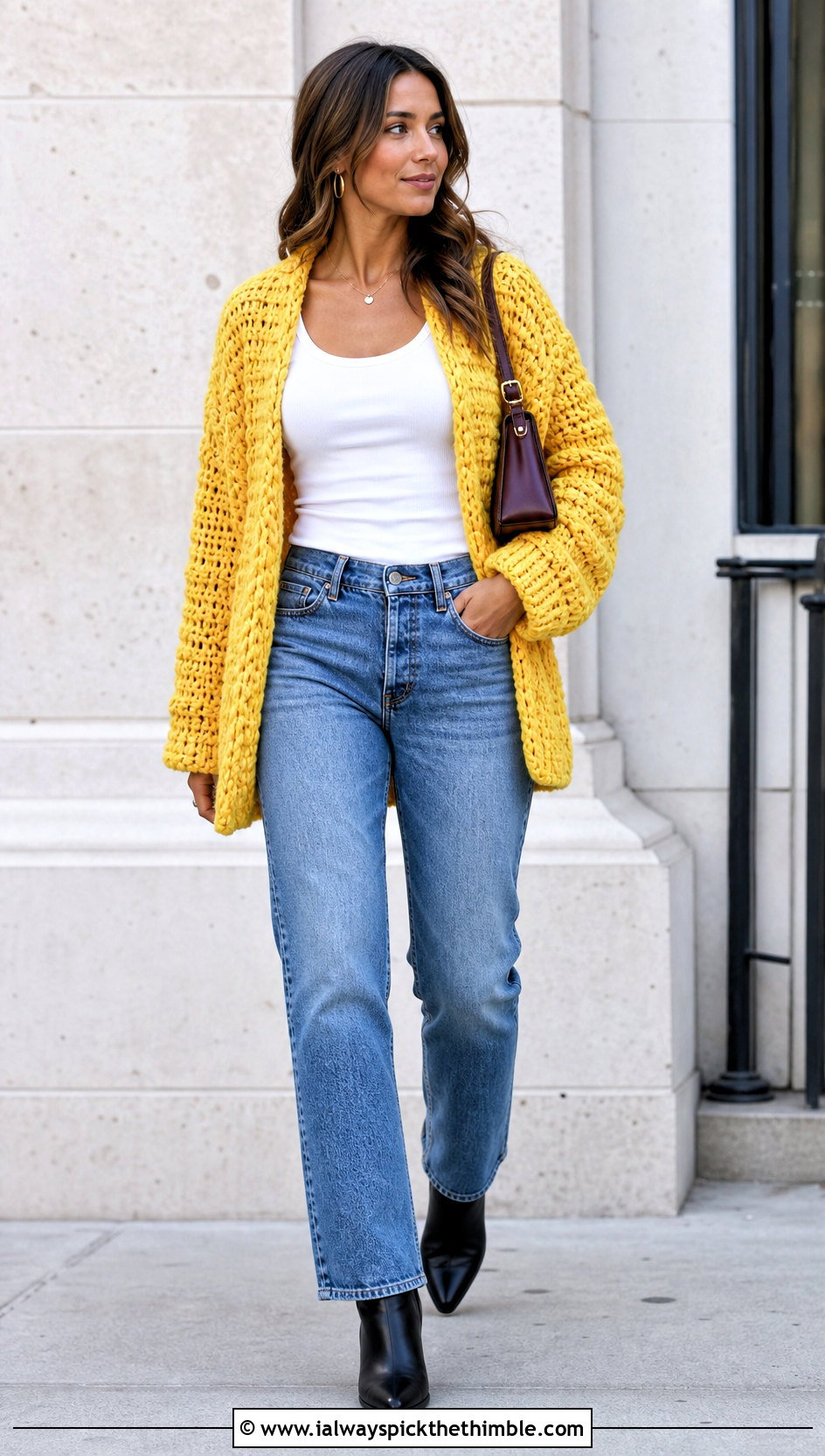 Oversized Chunky Crochet Drop Shoulder Sweater With Straight Leg Jeans - 20 crochet drop shoulder sweater outfit ideas