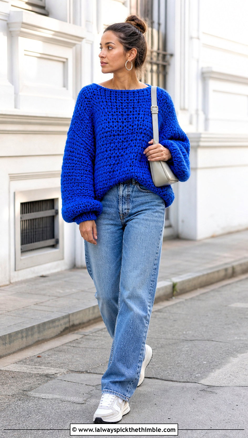 Oversized Chunky Crochet Jumper With Straight Jeans - 25 chunky crochet jumper outfit ideas