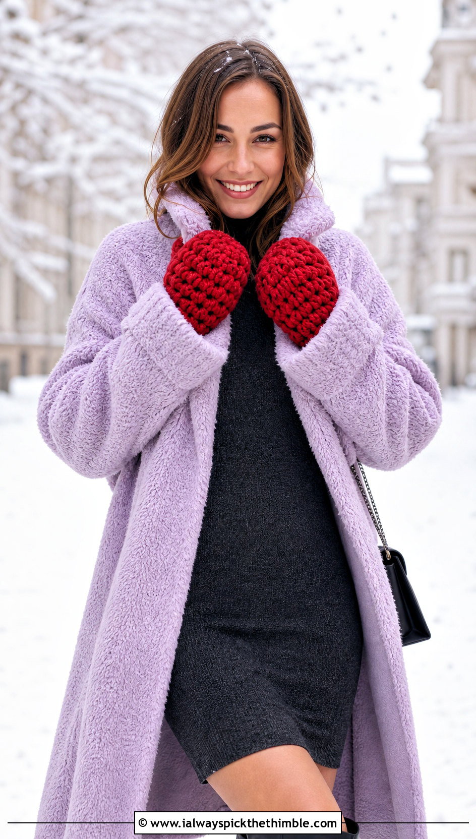Oversized Chunky Crochet Mittens With Teddy Coat and Sweater Dress - 20 Chunky Yarn Crochet Mittens outfit ideas