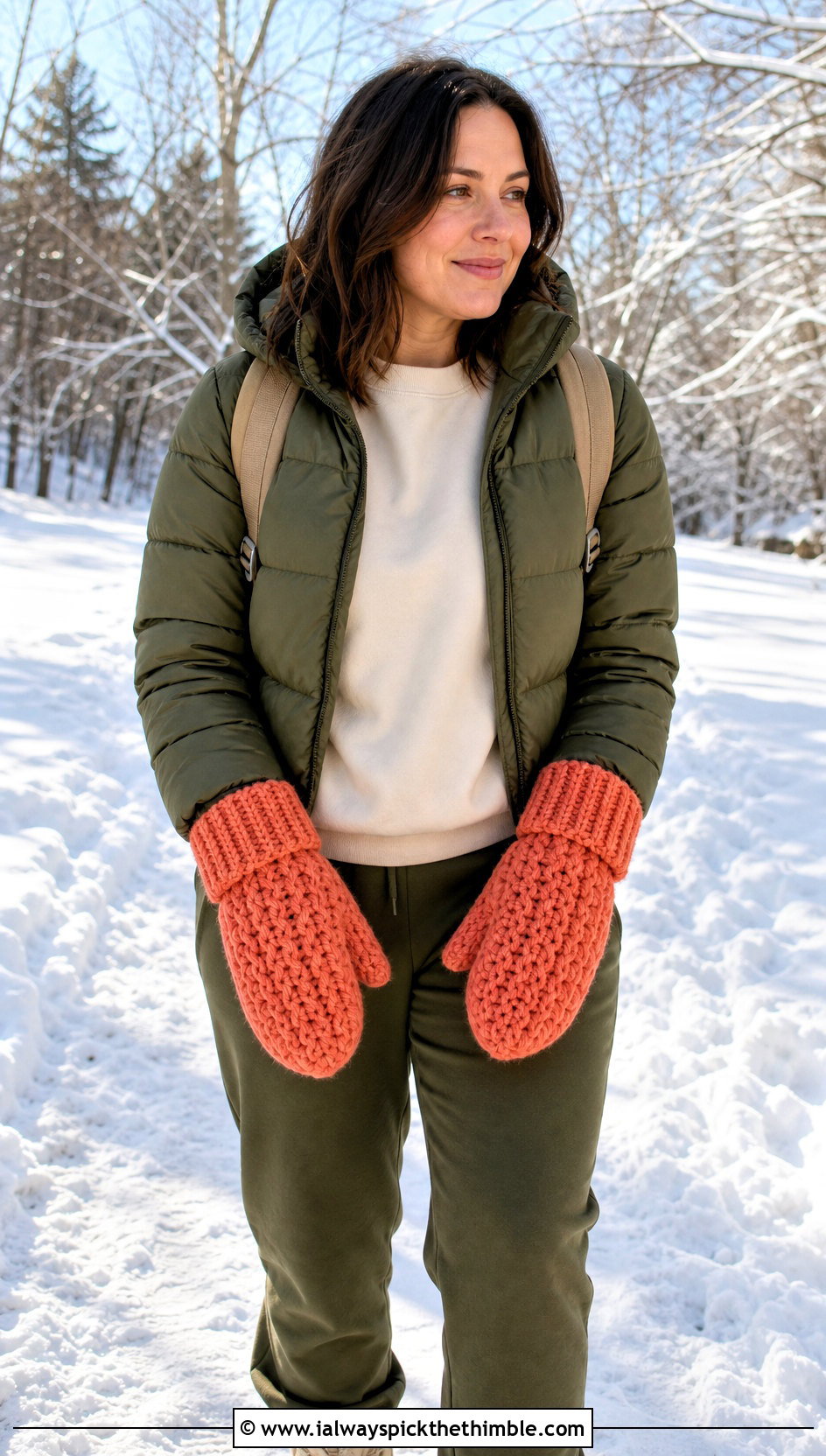 Oversized Chunky Crochet Mittens With Track Pants - 20 Chunky Crochet Gloves outfit ideas