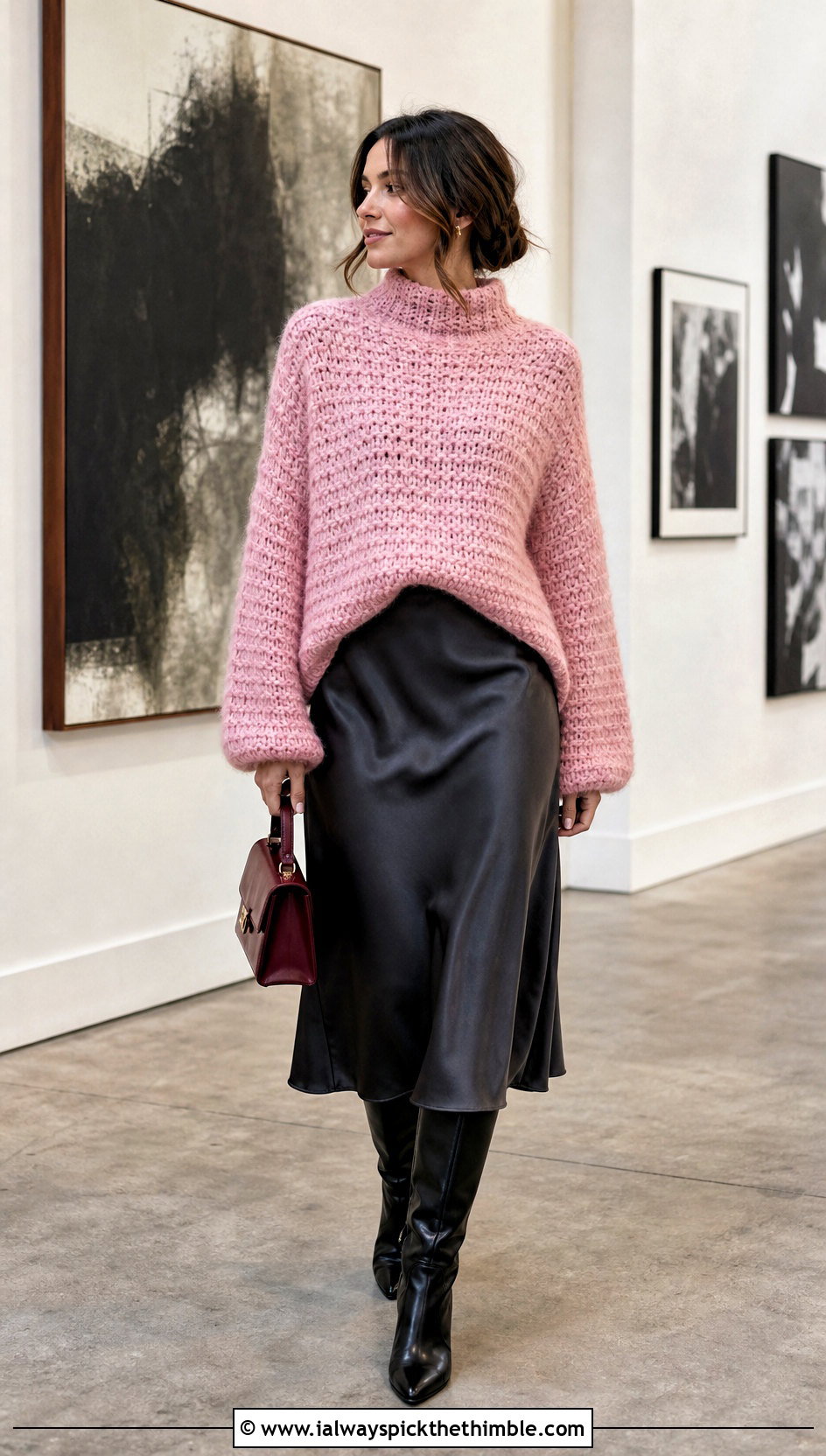 Oversized Chunky Crochet Mock Neck Sweater With Satin Midi Skirt - 20 Crochet Mock Neck Sweater outfit ideas