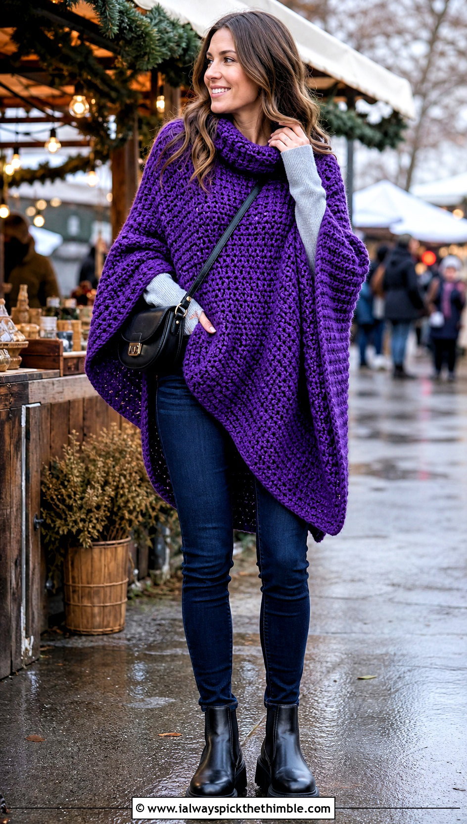 Oversized Chunky Crochet Poncho With Skinny Jeans - 25 easy crochet poncho woman outfit ideas