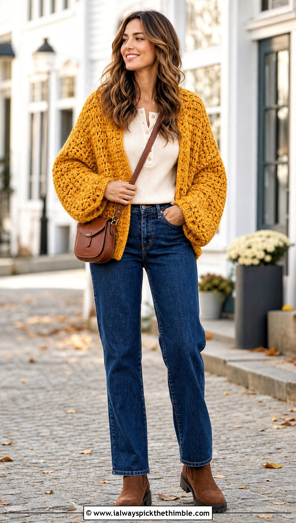 Oversized Chunky Crochet Shrug With Thermal Top And Straight Jeans - 15 Long Sleeved Crochet Shrug outfit ideas