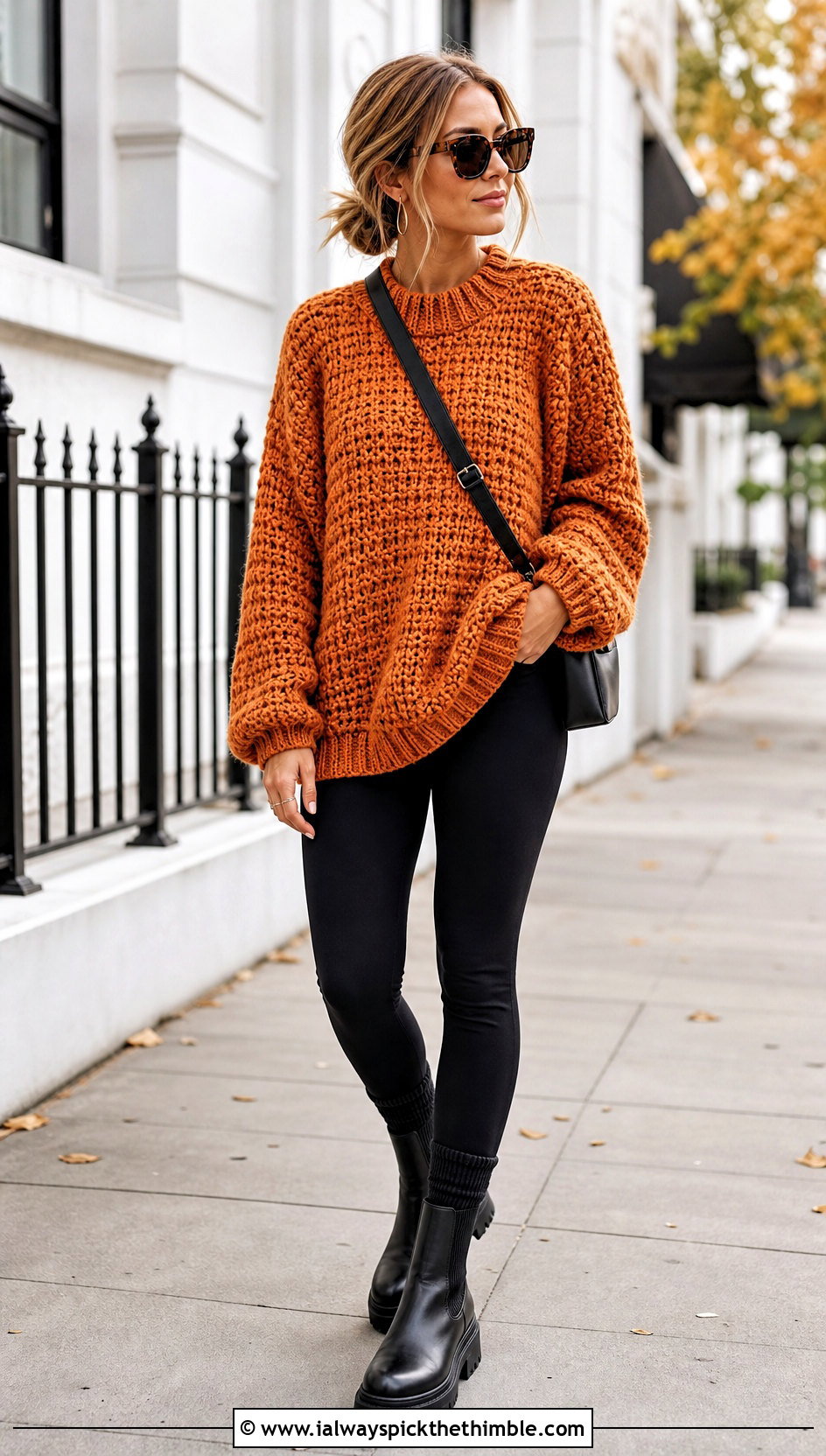 Oversized Chunky Crochet Sweater With Black Leggings - 25 crochet sweaters women outfit ideas