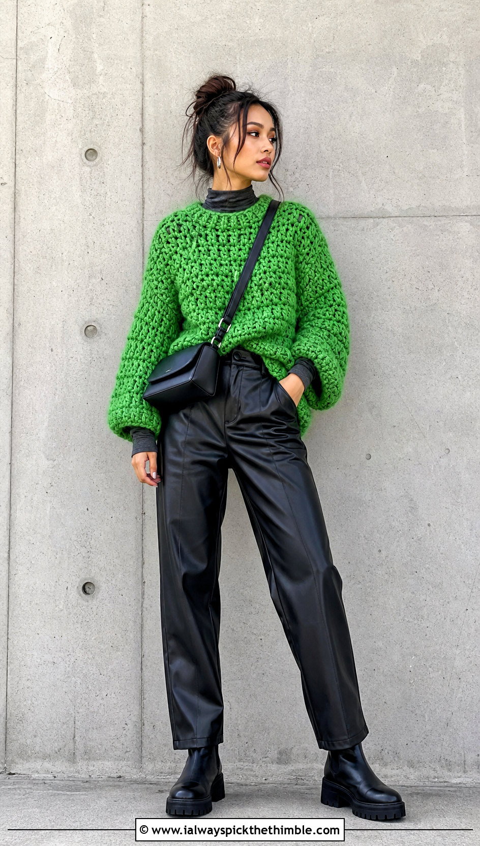 Oversized Chunky Crochet Sweater With Leather Trousers - 15 Crochet For Ladies Sweaters outfit ideas