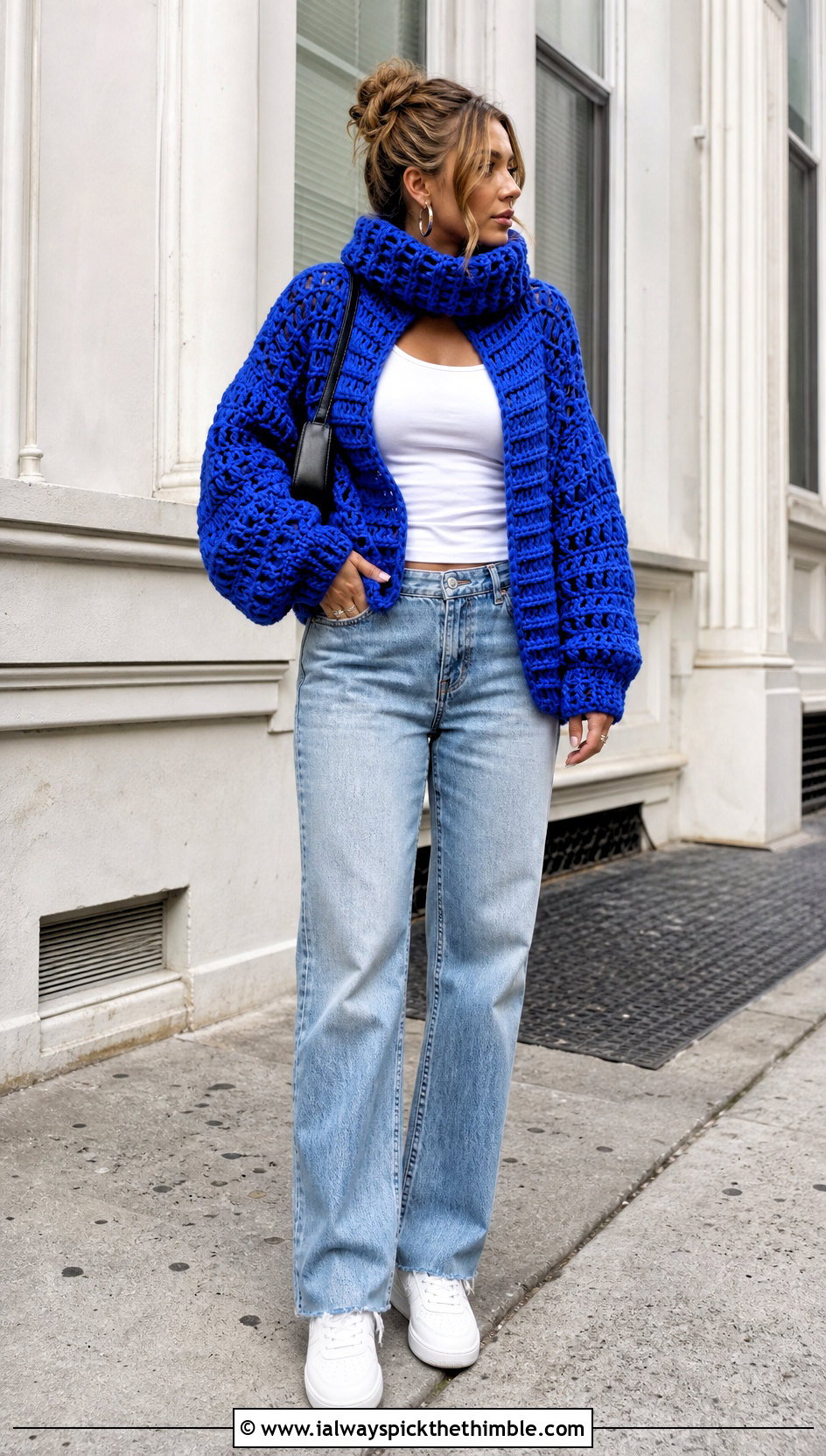 Oversized Chunky Crochet Turtleneck Hoodie With Straight Leg Jeans - 25 crochet turtleneck hoodie outfit ideas