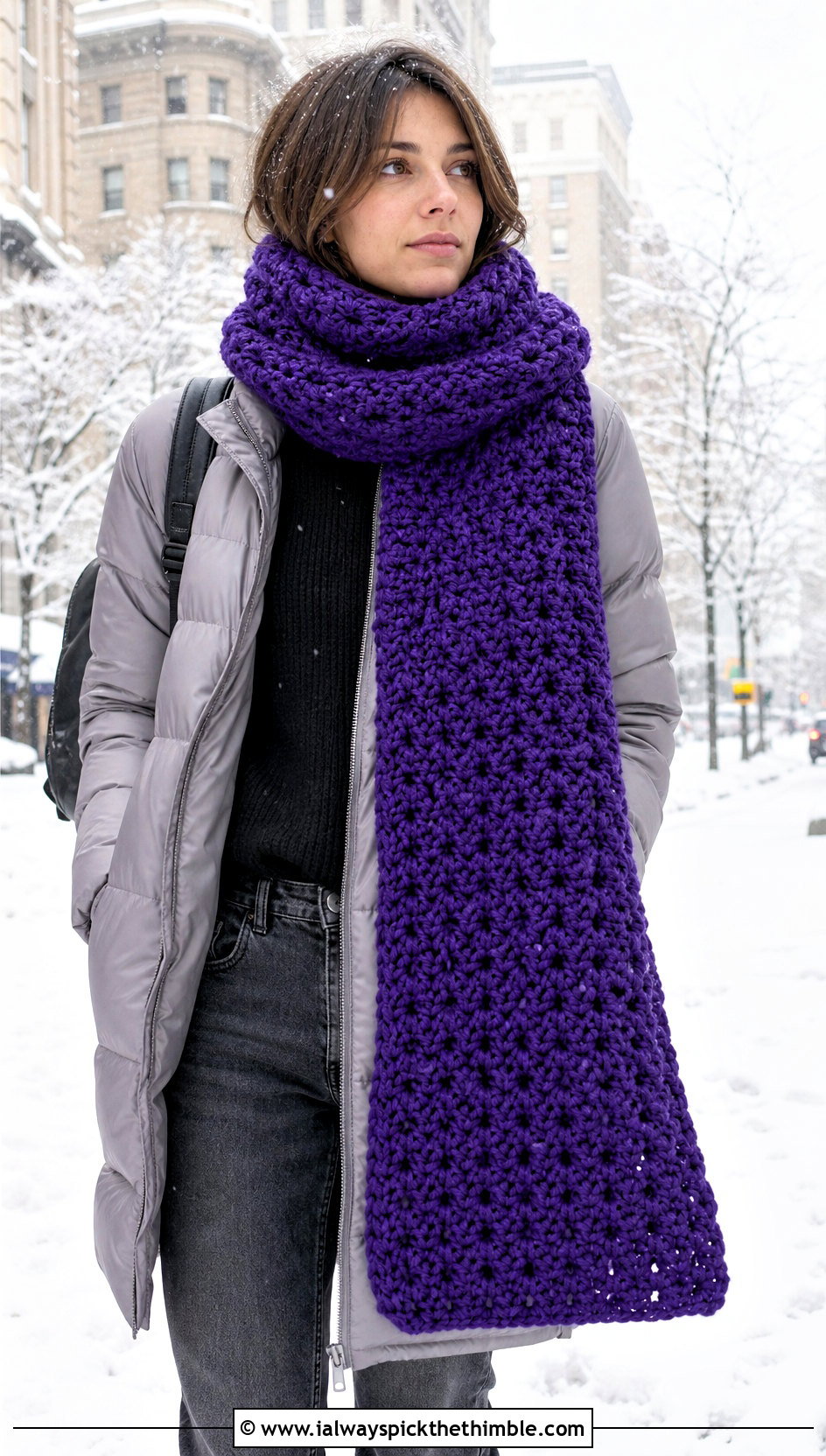 Oversized Chunky Crochet Unisex Scarf With Puffer Coat - 15 Crochet Unisex Scarf outfit ideas