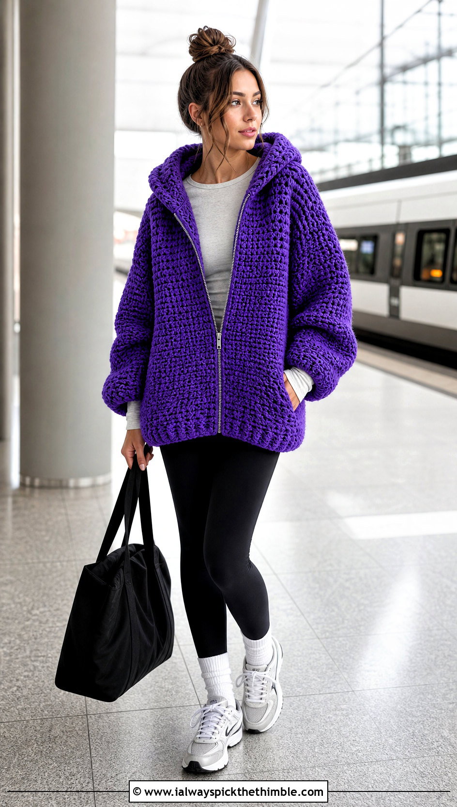 Oversized Chunky Crochet Zip Up Hoodie With Leggings - 20 crochet zip up hoodie outfit ideas