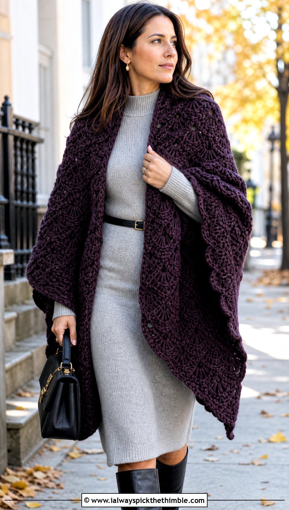 Oversized Chunky Fan Stitch Shawl With Knit Dress - 20 Crochet Fan Stitch Shawl outfit ideas