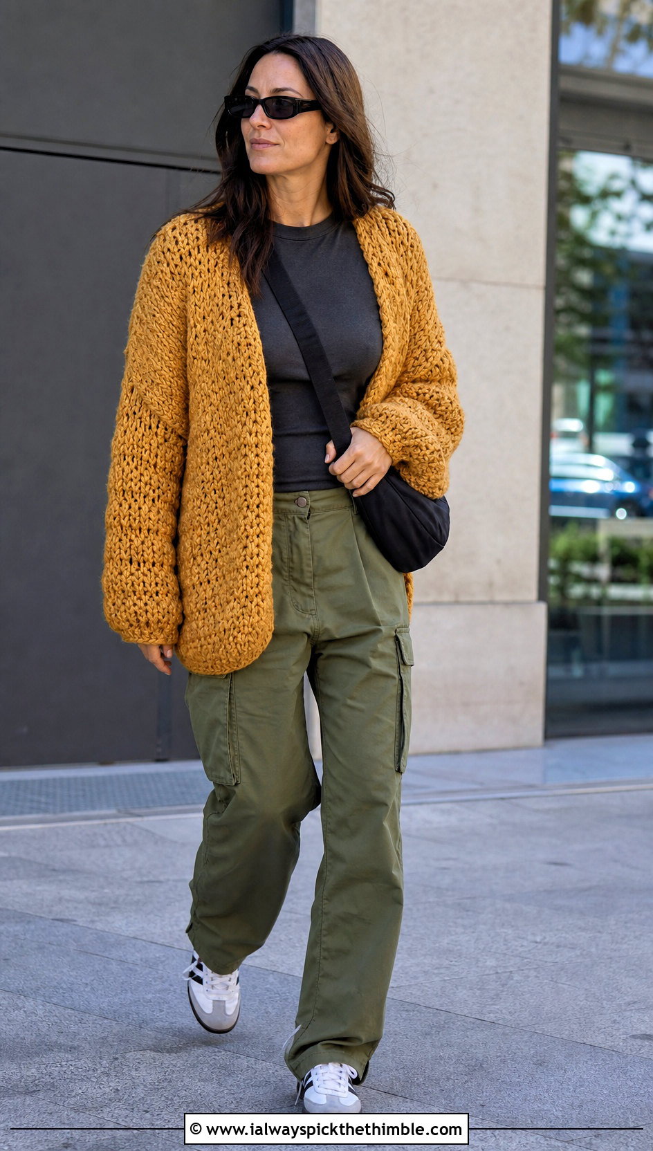 Oversized Chunky Gold Crochet Cardigan With Cargo Pants - 15 gold crochet cardigan outfit ideas