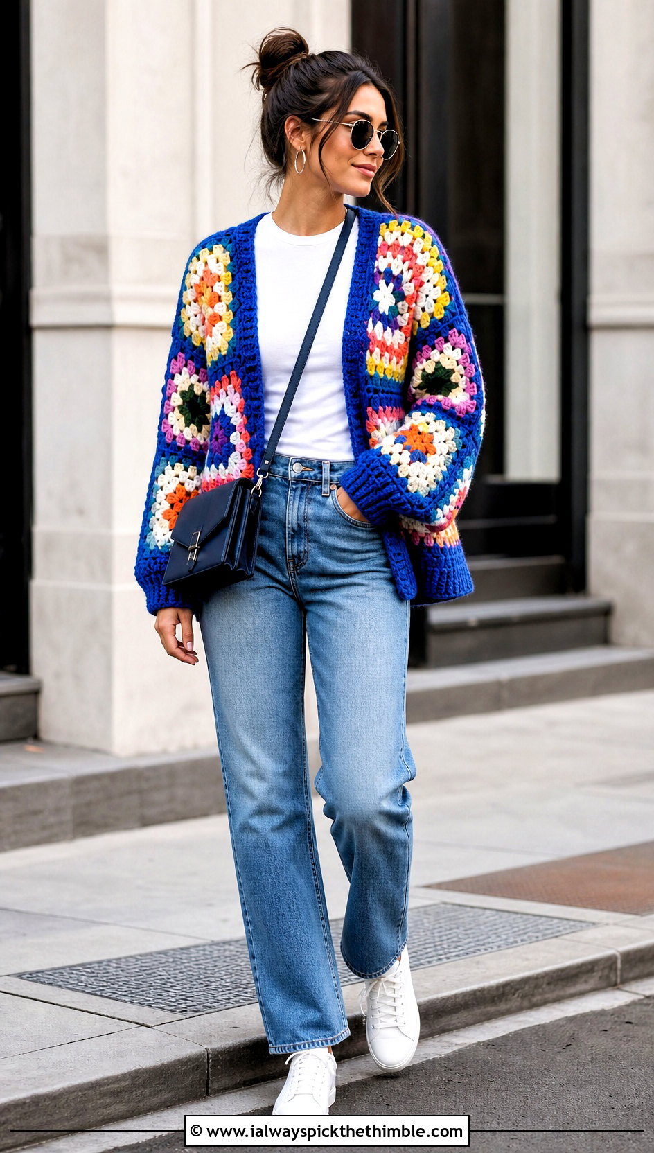 Oversized Chunky Granny Square Cardigan With Straight Leg Jeans - 25 Chunky Granny Square Cardigan outfit ideas