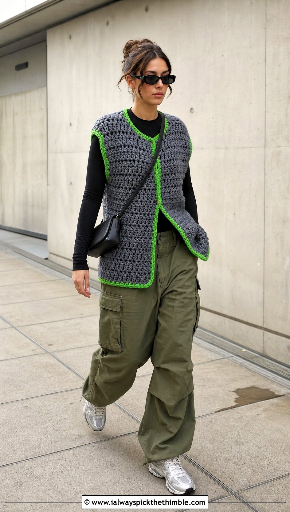 Oversized Chunky Gray Crochet Vest With Cargo Pants - 15 gray crochet vest outfit ideas