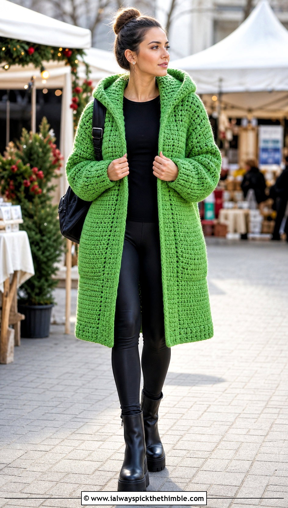 Oversized Chunky Hooded Crochet Cardigan With Leggings - 25 hooded crochet cardigan outfit ideas