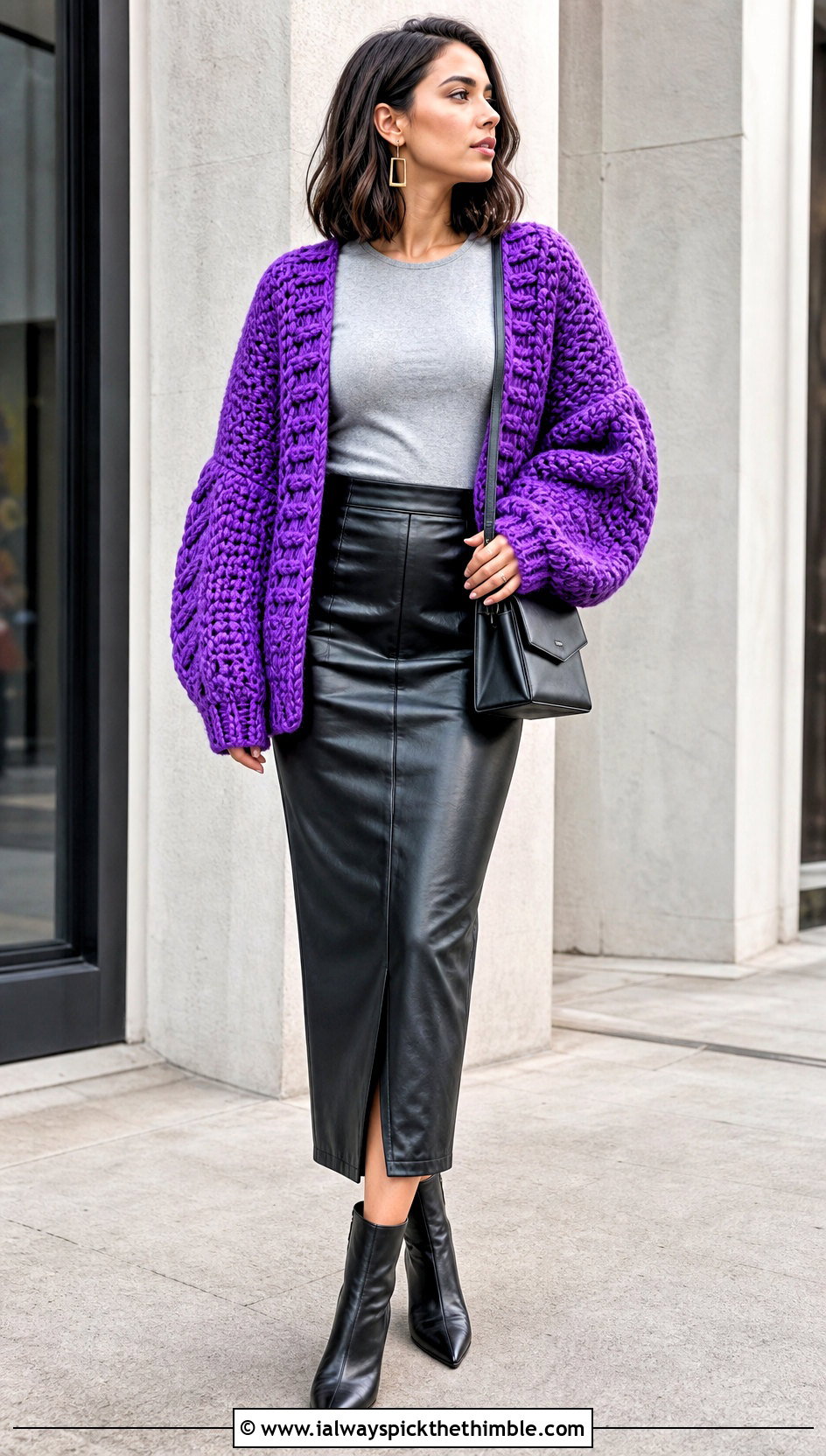 Oversized Chunky Puff Sleeve Crochet Cardigan With Leather Column Skirt - 20 Puff Sleeve Crochet Cardigan outfit ideas