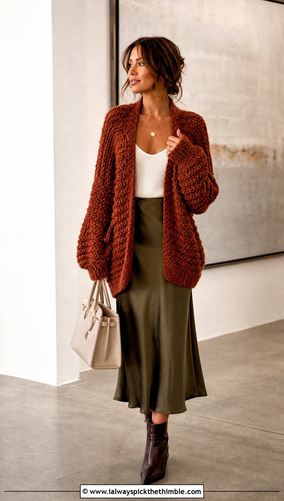 Oversized Chunky Rust Crochet Cardigan With Satin Slip Skirt - 15 rust-colored crochet cardigan outfit ideas