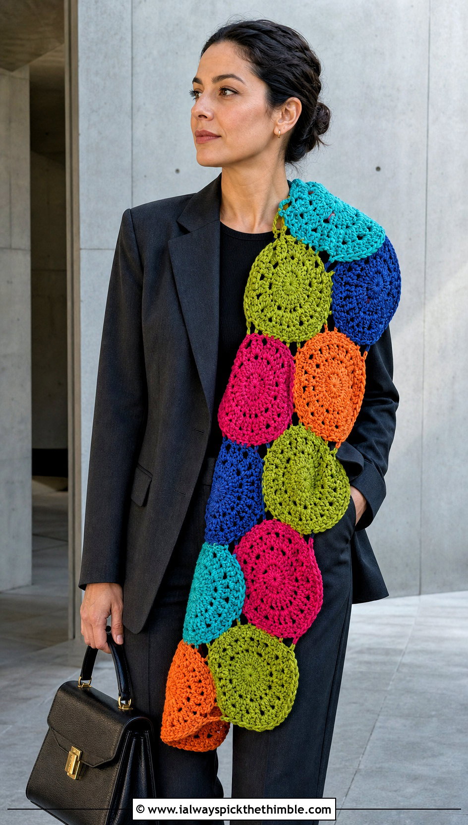 Oversized Circle Applique Crochet Scarf With Monochrome Suit And Pumps - 15 crochet scarf with colorful circles outfit ideas
