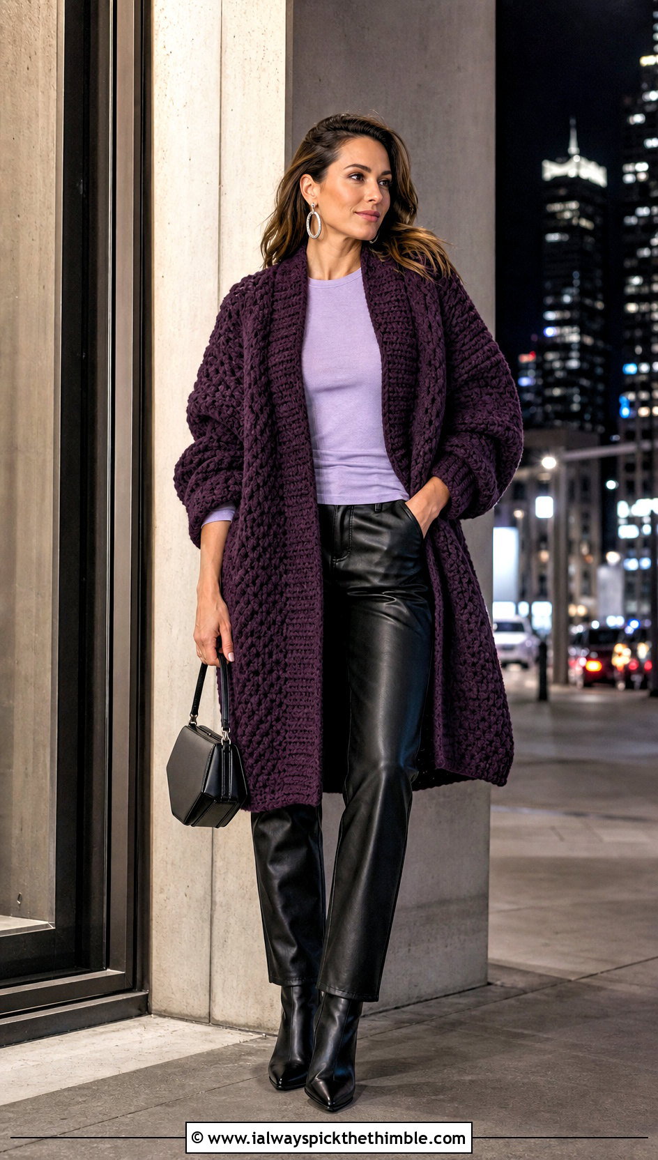 Oversized Cocoon DK Crochet Cardigan With Leather Pants - 20 Dk Crochet Cardigan outfit ideas