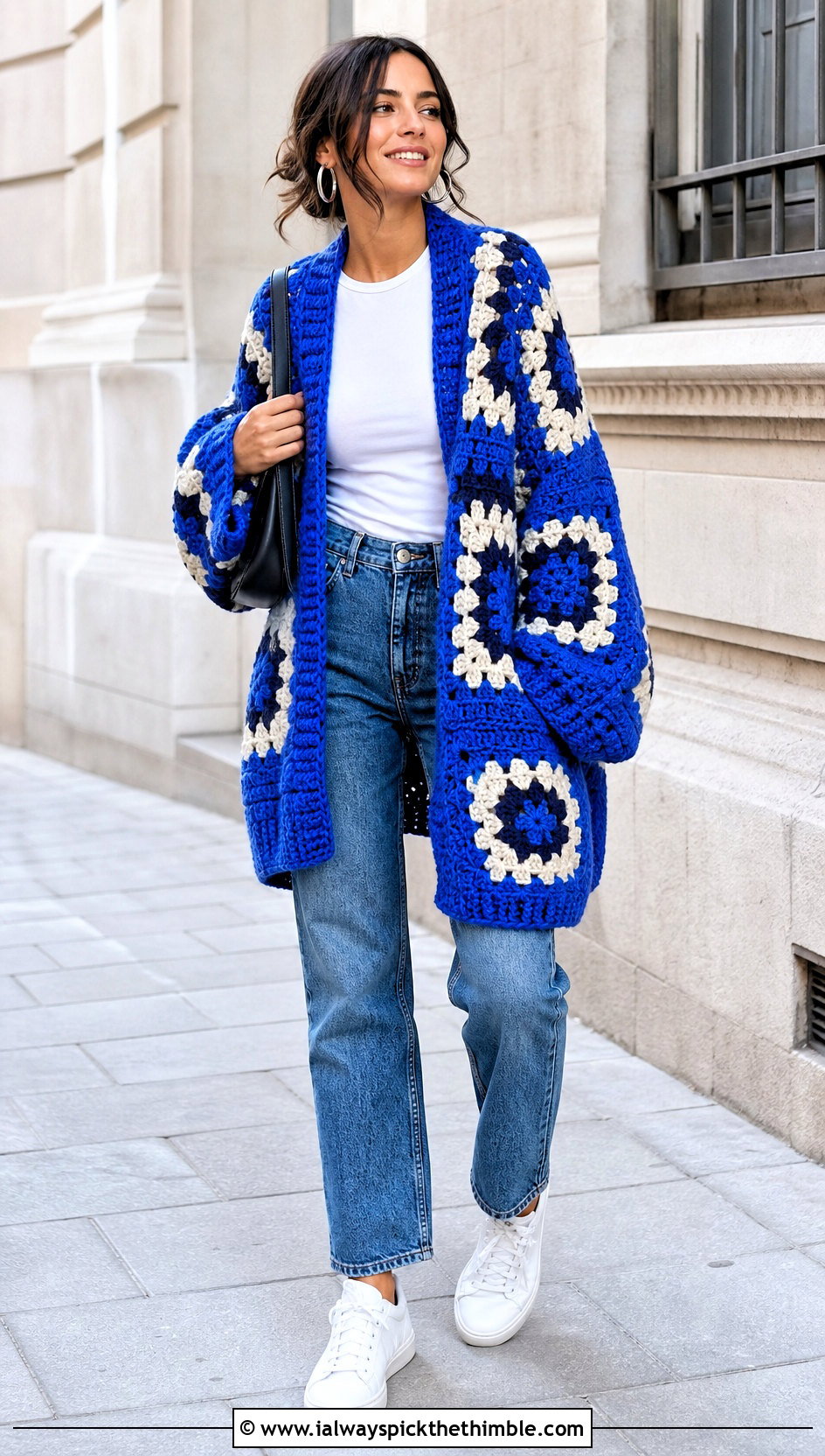 Oversized Cocoon Giant Granny Square Cardigan With Straight Jeans - 25 giant granny square cardigan outfit ideas