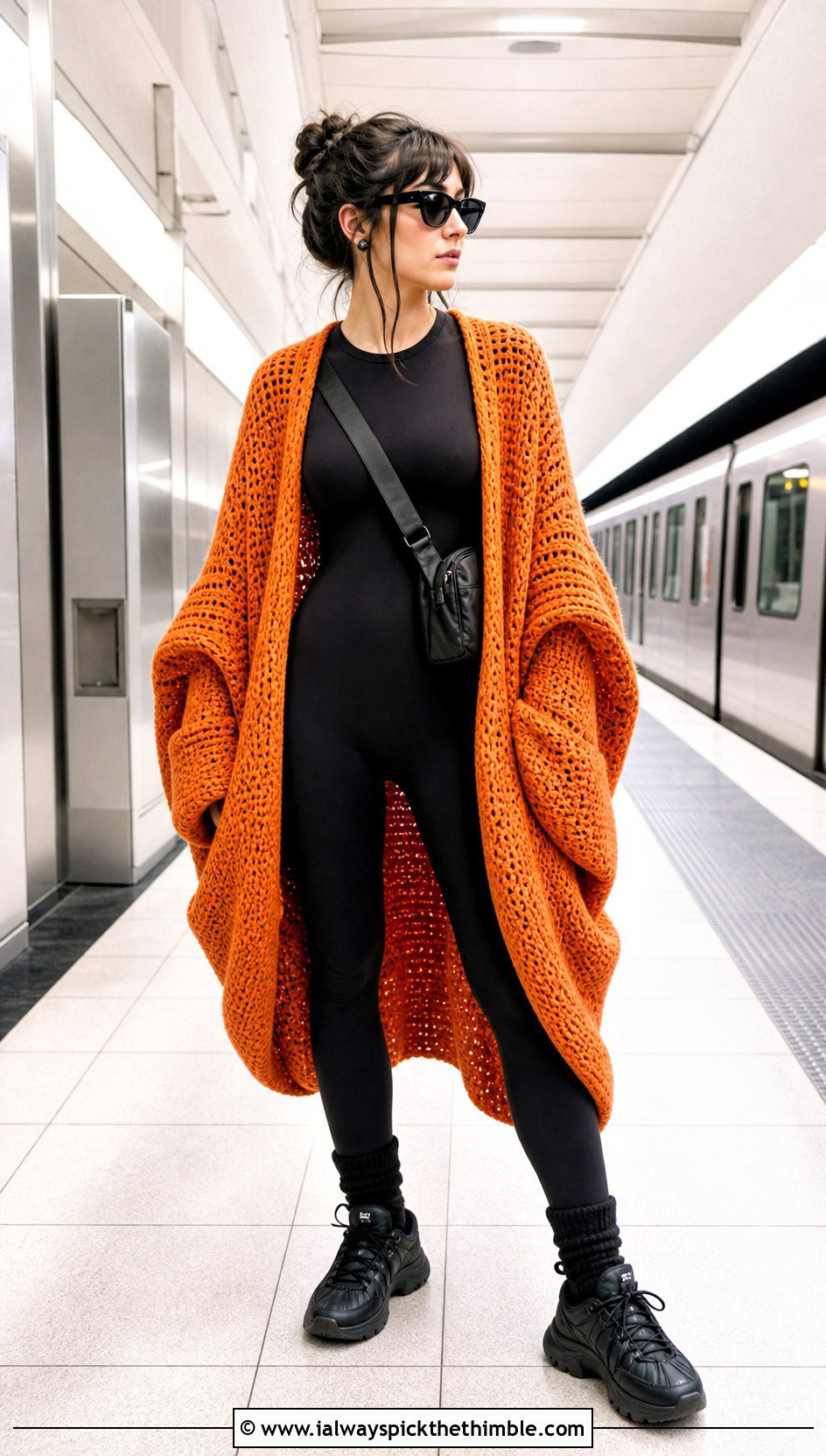 Oversized Cocoon Goth Crochet Cardigan With Bike Shorts - 15 goth crochet cardigan outfit ideas