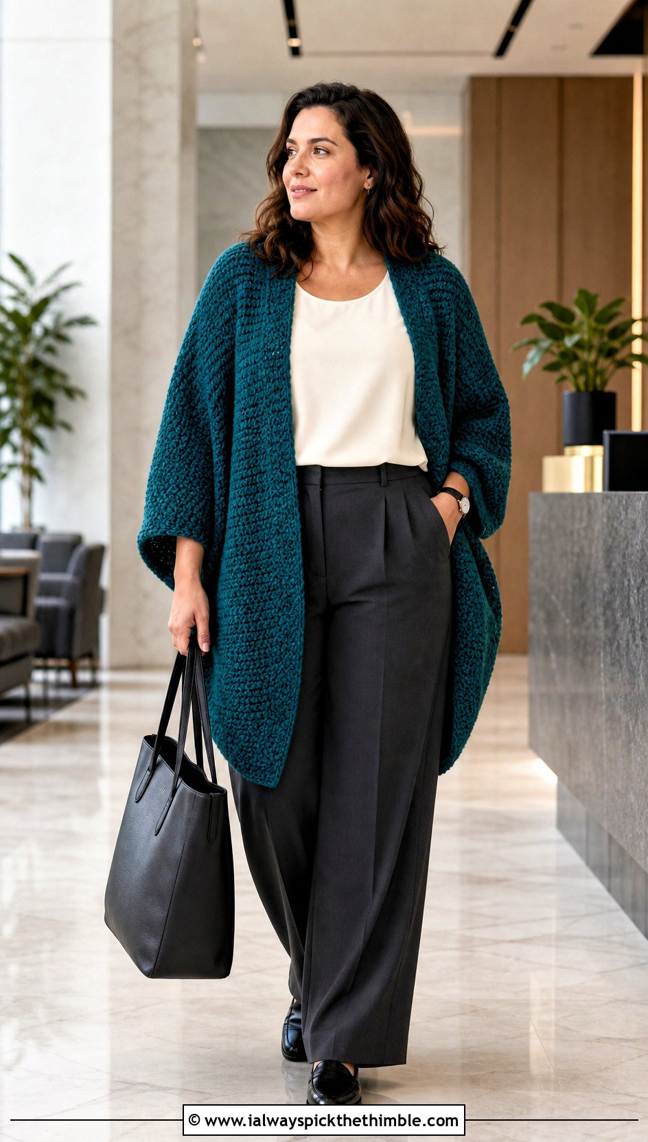 Oversized Cocoon Habitat Crochet Cardigan With Tailored Trousers - 20 Habitat Crochet Cardigan outfit ideas
