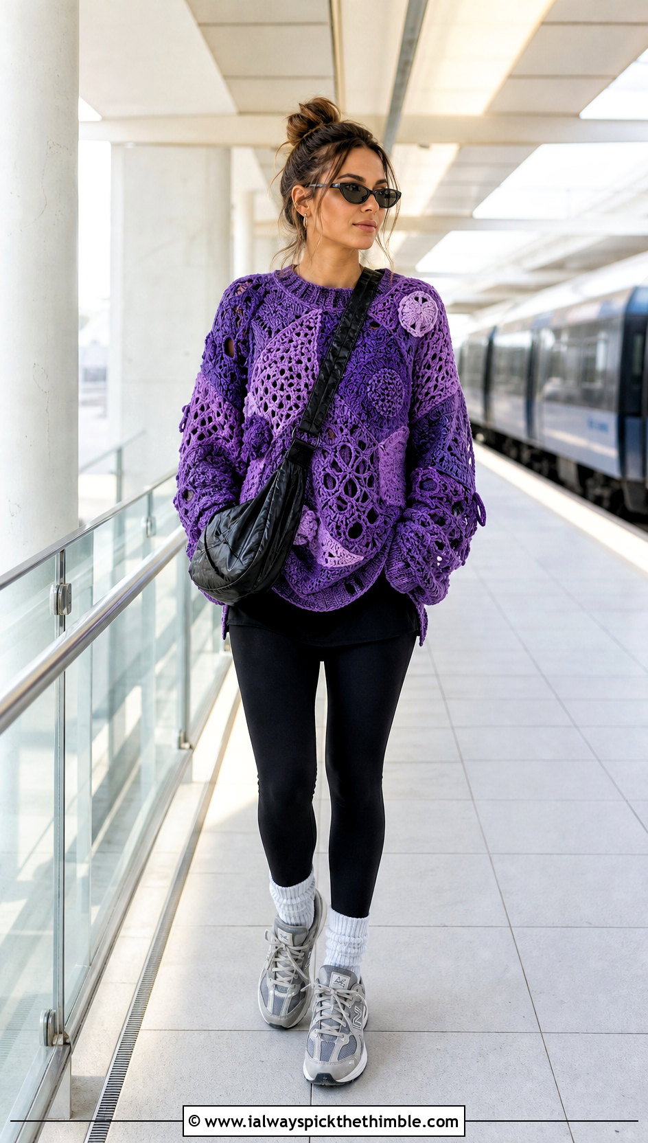 Oversized Collage Freeform Crochet Sweater With Black Leggings - 20 freeform crochet sweater outfit ideas